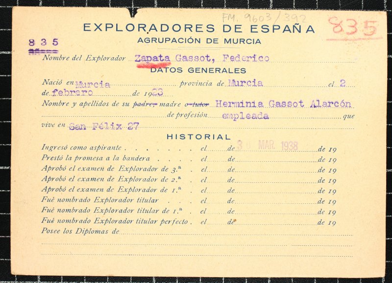 Ficha personal del explorador Federico Zapata Gassot