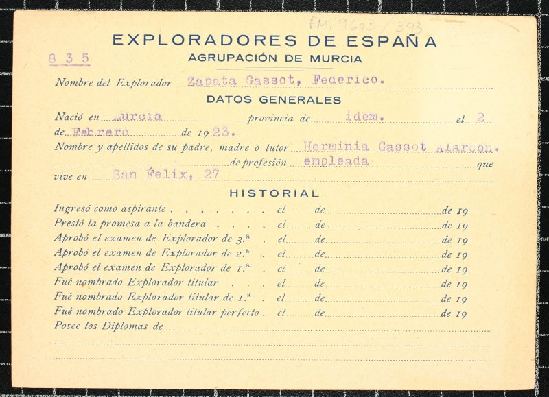 Ficha personal del explorador Federico Zapata Gassot