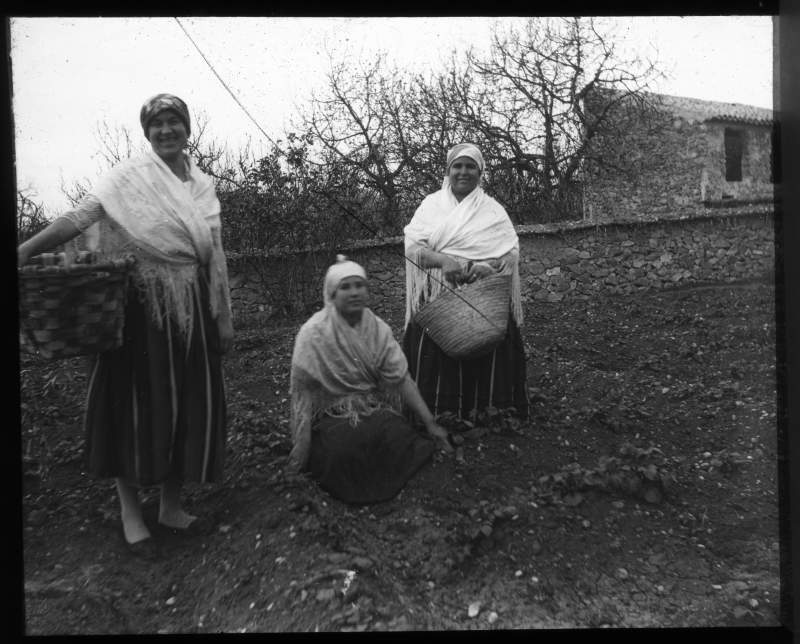 Retrato de tres mujeres campesinas posando con cestas en una bancal de huerta.