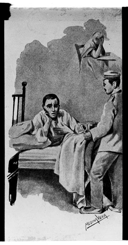 Fotografía de un dibujo de un soldado enfermo, asistido por un compañero, y evocando a su madre, de Medina Vera.