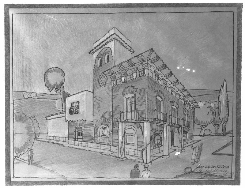 Dibujo en perspectiva del pabellón de Murcia y Albacete de la Exposición Iberoamericana de Sevilla de 1929