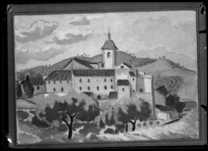 Reproducción de un cuadro de Luis Garay con panorámica de un pueblo con torre de iglesia
