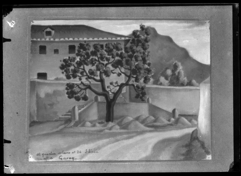Reproducción de un cuadro de Luis Garay con vista de un árbol en un camino con edificaciones