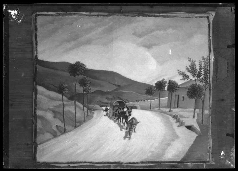 Reproducción de un cuadro, probablemente de Luis Garay, con vista de un camino con carro tirado por burros