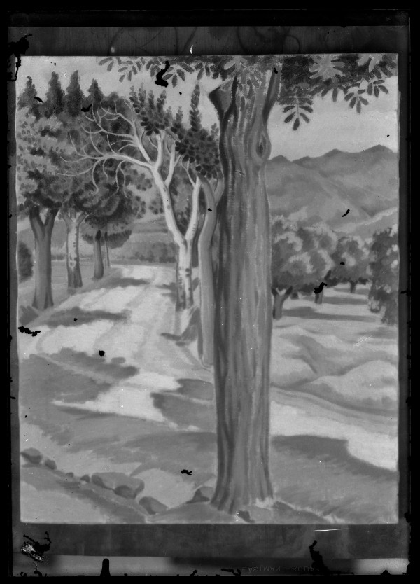 Reproducción de un cuadro, probablemente de Luis Garay, con vista de un camino con árboles