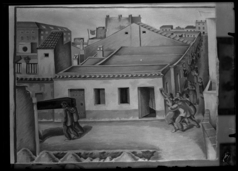 Reproducción de un cuadro de Luis Garay con cortejo fúnebre por las calles de un pueblo