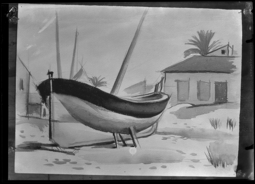 Reproducción de una acuarela, probablemente de Luis Garay, con una barca en la arena