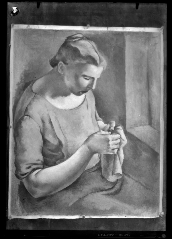 Reproducción de un cuadro, probablemente de Luis Garay, con retrato de mujer cosiendo