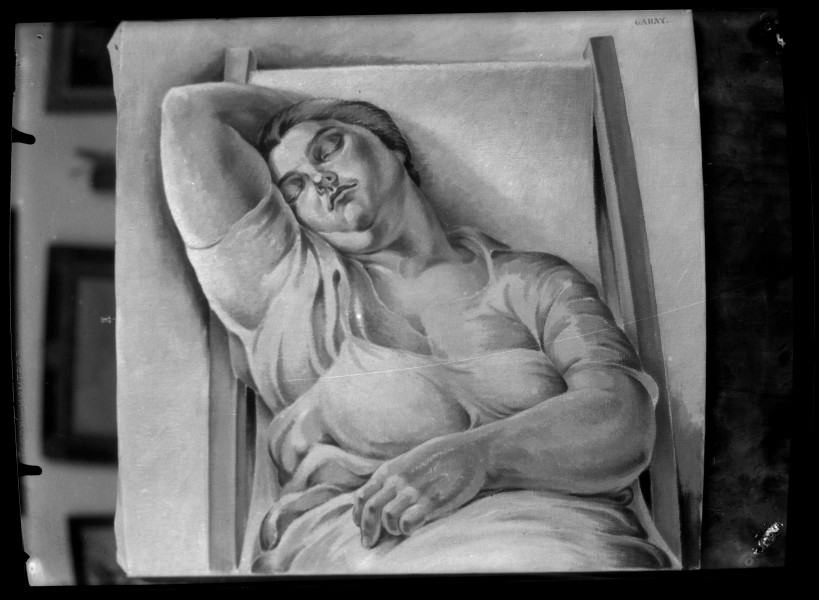 Reproducción de un cuadro de Luis Garay con retrato de mujer durmiendo en hamaca