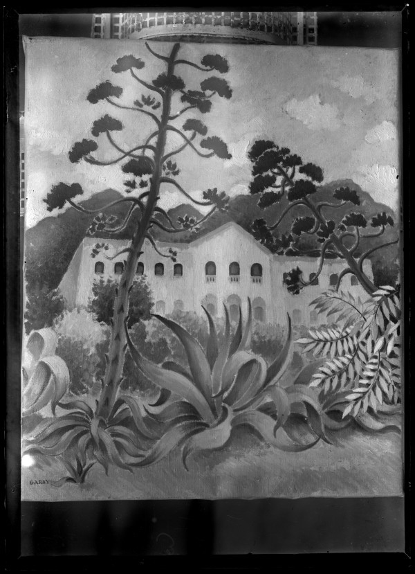 Reproducción de un cuadro de Luis Garay con paisaje de piteras con caserón al fondo