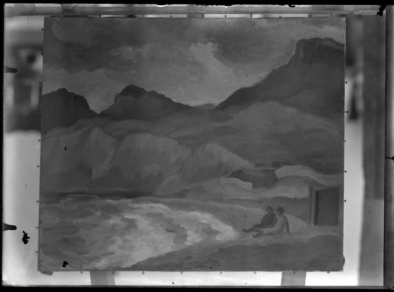 Reproducción de un cuadro, probablemente de Luis Garay, con la vista de una playa con mujeres