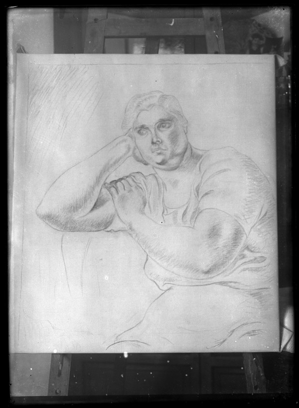 Reproducción de un dibujo, probablemente de Luis Garay, con el retrato de una mujer sentada