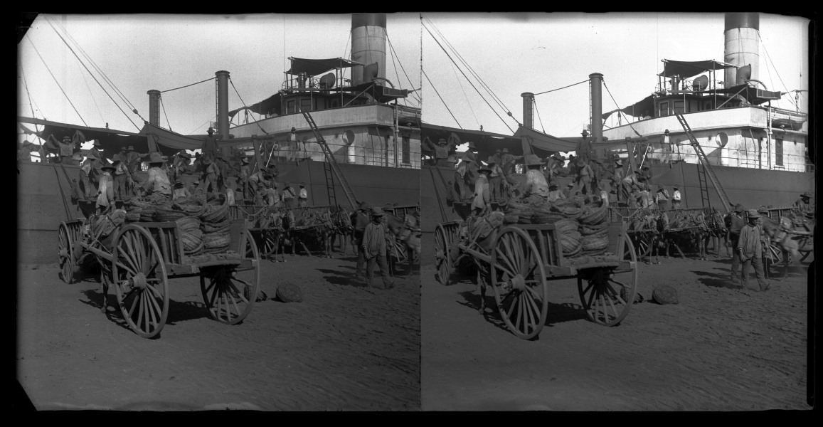Operarios cargando mineral en un barco de vapor atracado en el martillo del puerto de Águilas