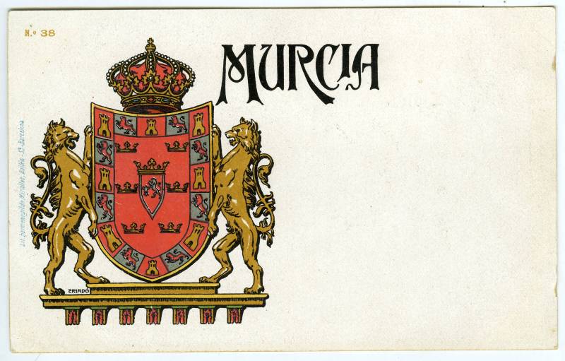Postal con el escudo de Murcia, franqueado por dos leones rampantes.