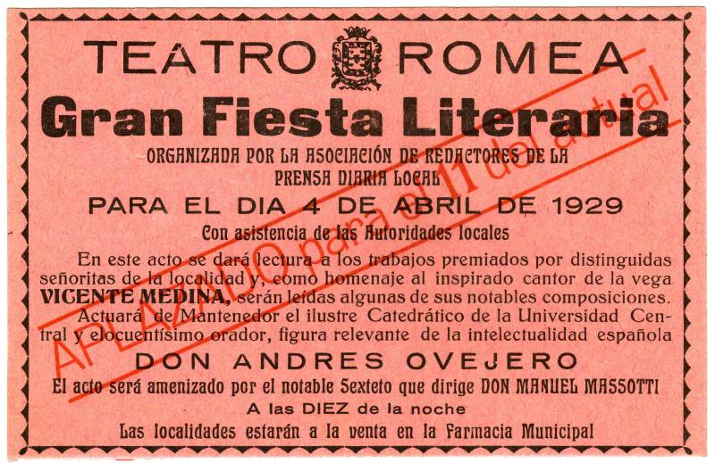 Tarjera publicitaria de Gran Fiesta Literaria en el Teatro Romea. 