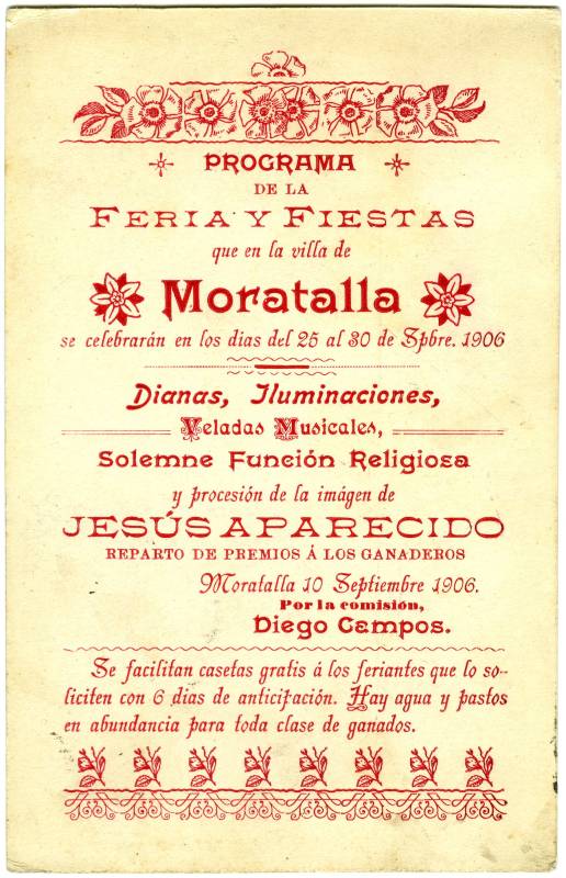 Tarjeta publicitaria de la Feria y Fiestas de Moratalla. Año 1906. 