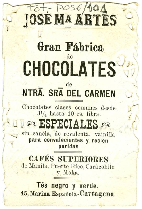 Tarjeta publicitaria de chocolates, cafés y tés de la fábrica 