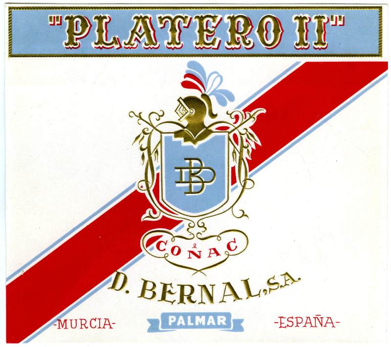 Etiqueta del coñac 'Platero II' de Destilerías Bernal S.A.  