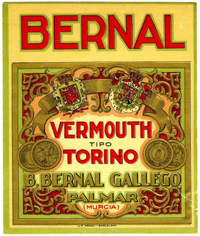 Etiqueta de vermouth tipo Torino de B. Bernal Gallego.