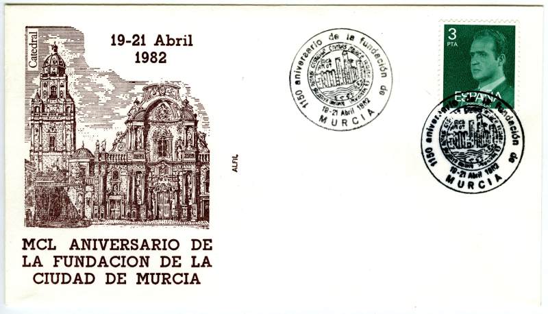 Sobre conmemorativo del 1150 aniversario de la fundación de la ciudad de Murcia.