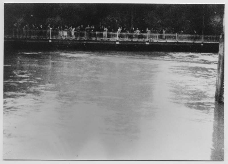 Reproducción de una fotografía del río Segura a punto de desbordarse a su paso por el puente nuevo .