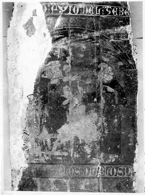 Fragmento de una tabla representando a los personajes de Hermógenes y Fileto enfrentados al apóstol Santiago, procedente de Covarrubias, Burgos