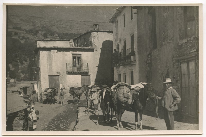Vista de un grupo de personas y caballerías en una calle de Trevélez