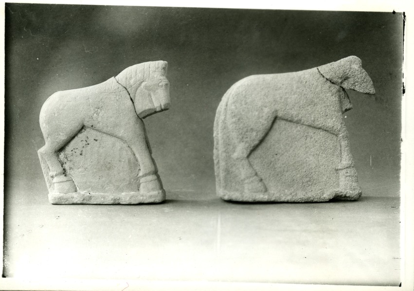 Esculturas de caballos sin atalaje en altorrelieve hallados en el Santuario de El Cigarralejo (exvotos nº 41 y nº 38).
