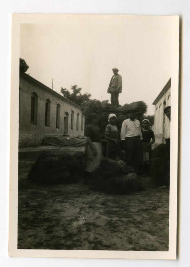 Retrato de un grupo de trabajadores posando junto a un carro cargado de gavillas de esparto