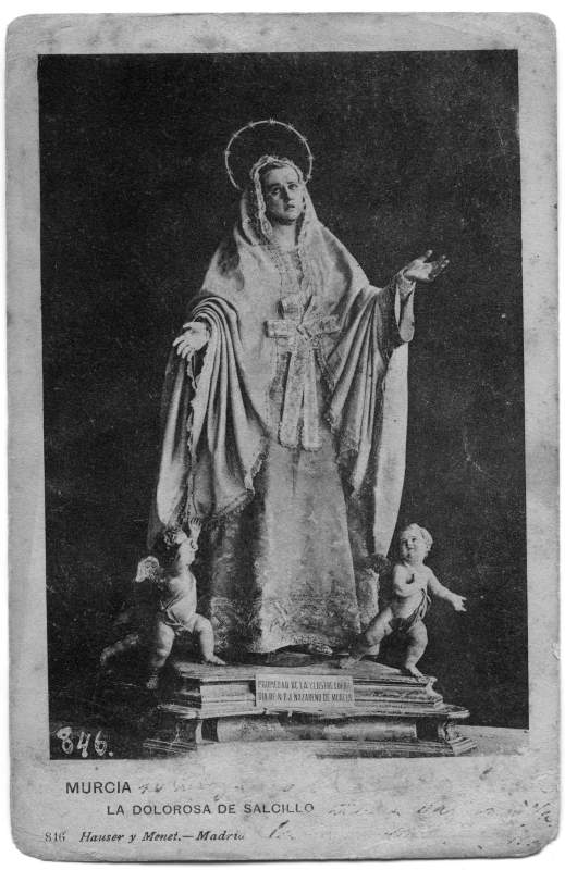 Tarjeta postal de la imagen de la Virgen Dolorosa de Salzillo.
