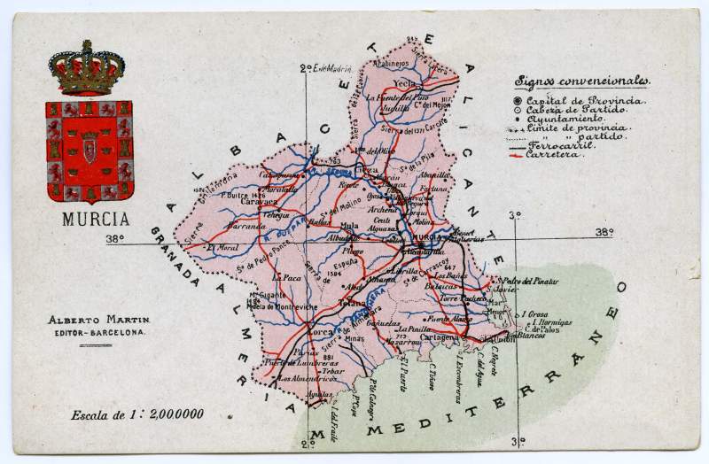 Tarjeta postal con el mapa de la provincia de Murcia y el escudo de su capital.
