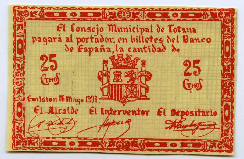 Facsímil de un billete de 25 céntimos emitido por el Consejo Municipal de Totana en 1937.