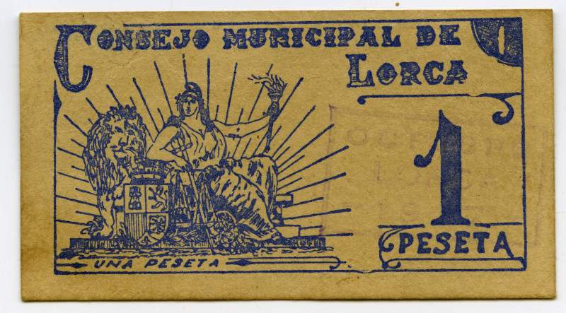 Billete de 1 peseta emitido por el Consejo Municipal  de Lorca.