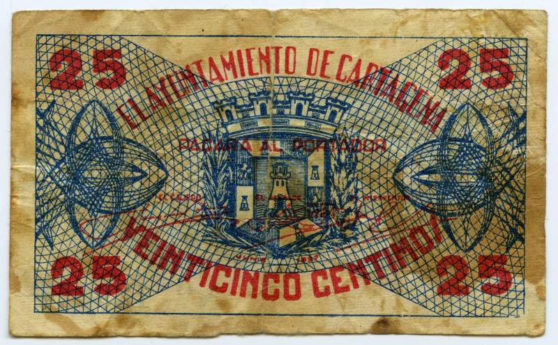 Billete de 25 céntimos emitido por el Ayuntamiento de Cartagena.