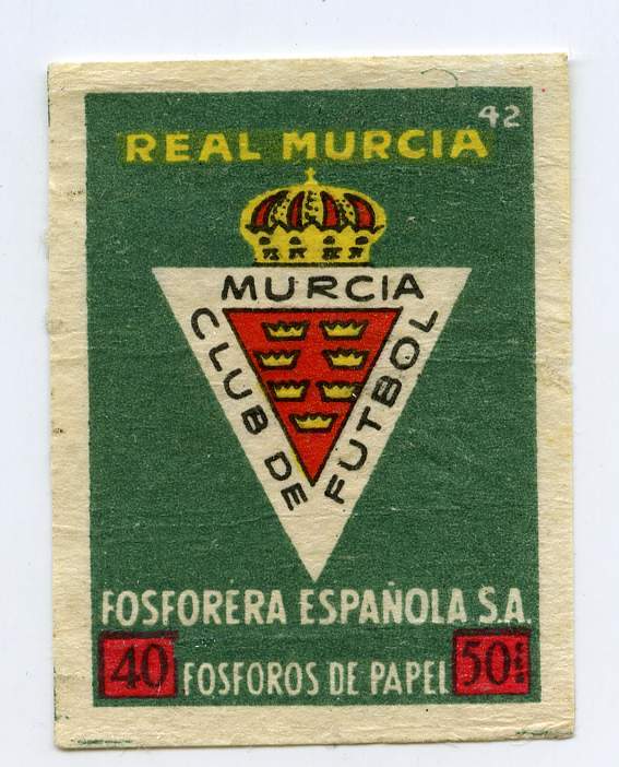 Cromo con el escudo del Real Murcia Club de Fútbol de una caja de cerillas de Fosforera Española