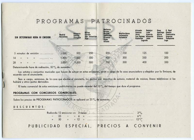 Folleto de la Sociedad Española de Radiodifusión, SER, con las condiciones y tarifas publicitarias.