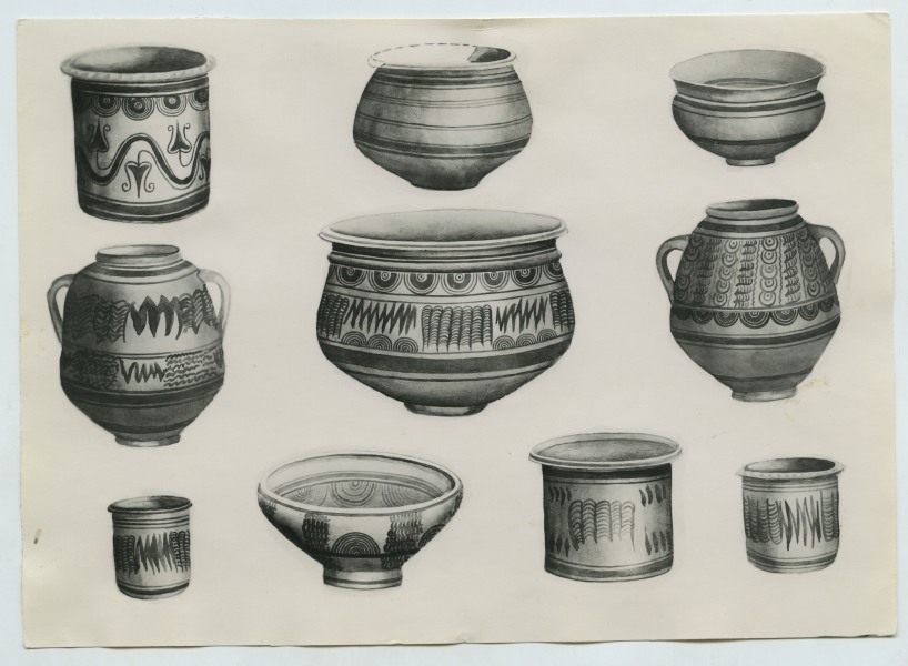 Reproducción de una ilustración de diferentes vasos cerámicos hallados en la necrópolis ibero-púnica de la Albufereta