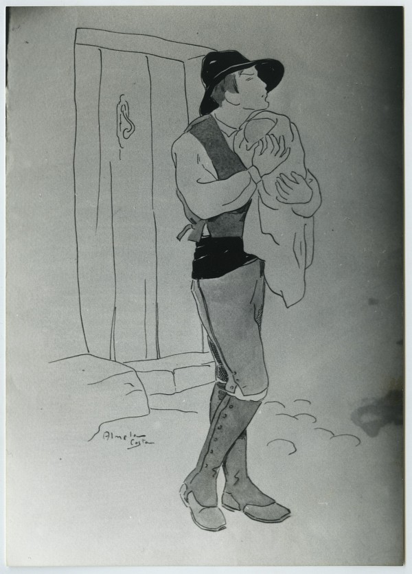 Dibujo de un huertano sujetando a su hijo en brazos, obra de José María Almela Costa