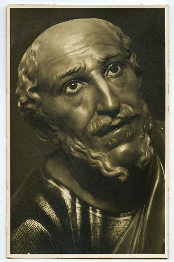 Tarjeta postal del rostro del apóstol San Pedro del grupo escultórico El Lavatorio, obra de Juan González Moreno