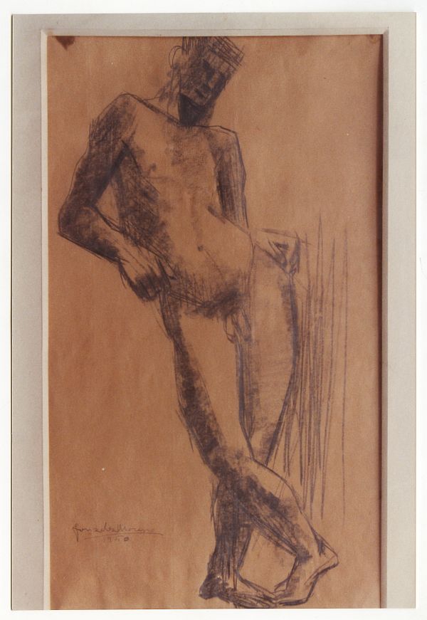 Reproducción fotográfica de Desnudo masculino apoyado (1950), dibujo a lápiz sobre papel de Juan González Moreno