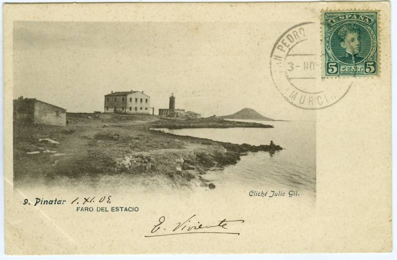 Postal del faro del Estacio desde San Pedro del Pinatar. 