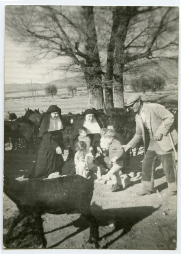 Las hermanas Consuelo y María Luisa Molina, vestidas con hábito con sus sobrinos junto al ganado y el pastor de la finca de la cañada del Judío