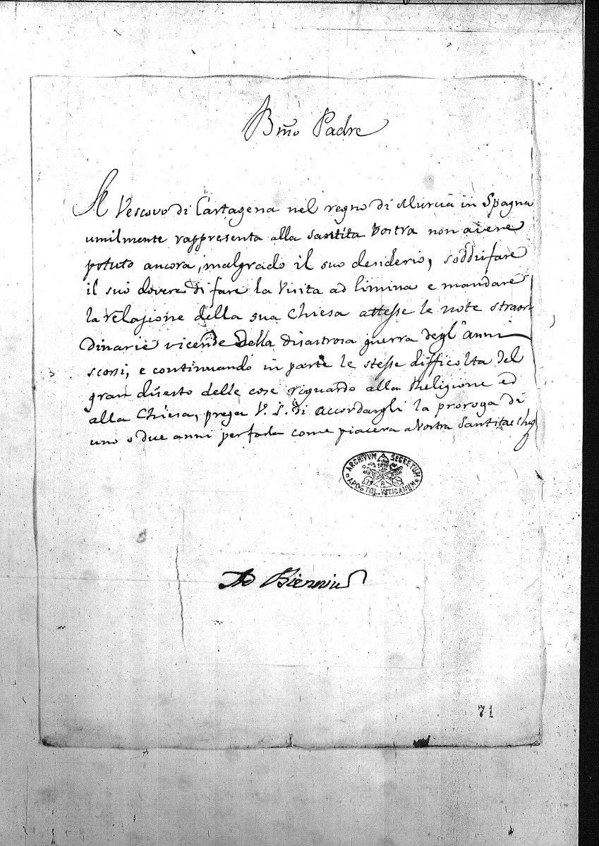 Relaciones de las Visitas Ad Límina de José Ximénez Sánchez, obispo de la Diócesis de Cartagena.