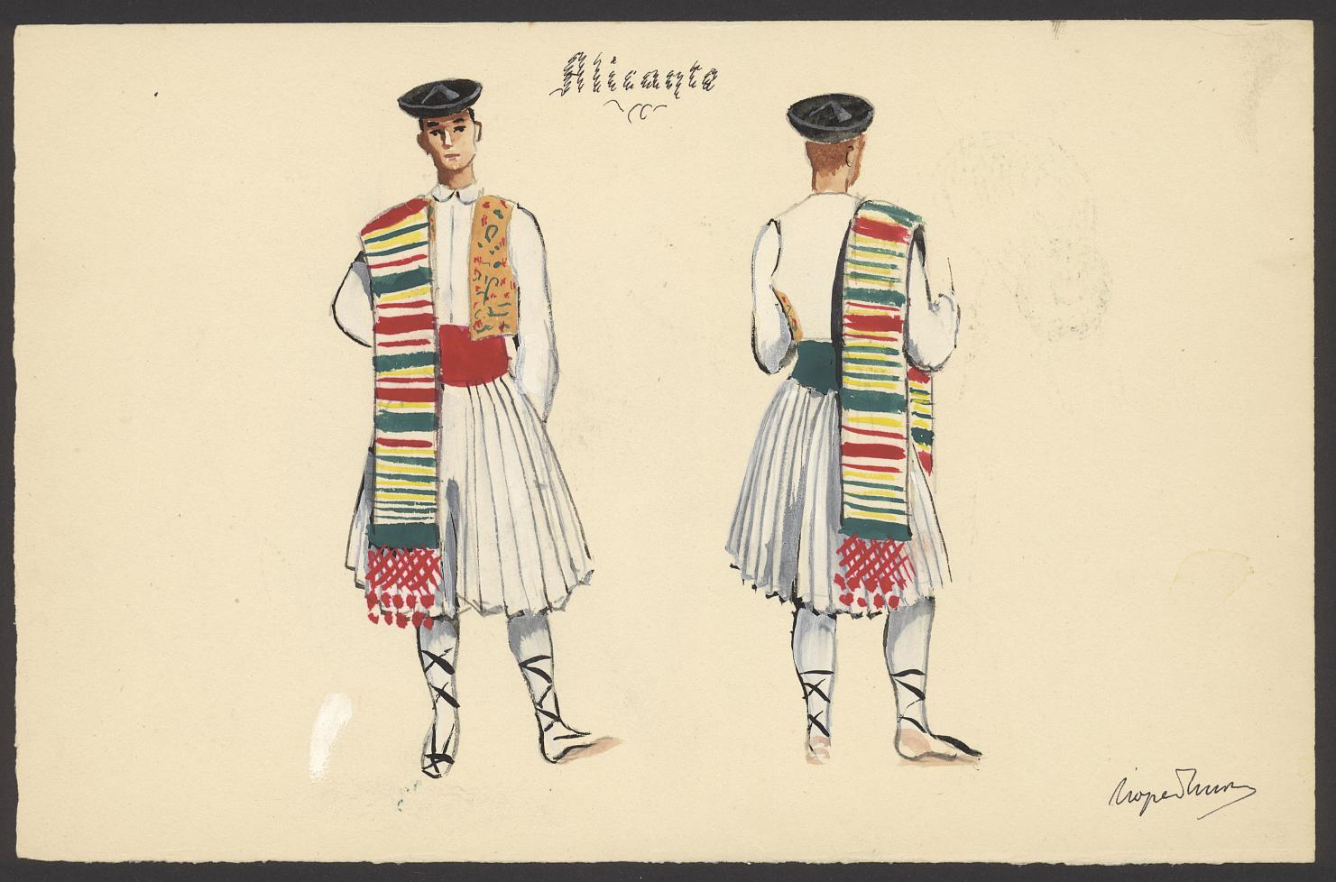Dibujos a color de los trajes típicos de mujer y de hombre de Alicante.