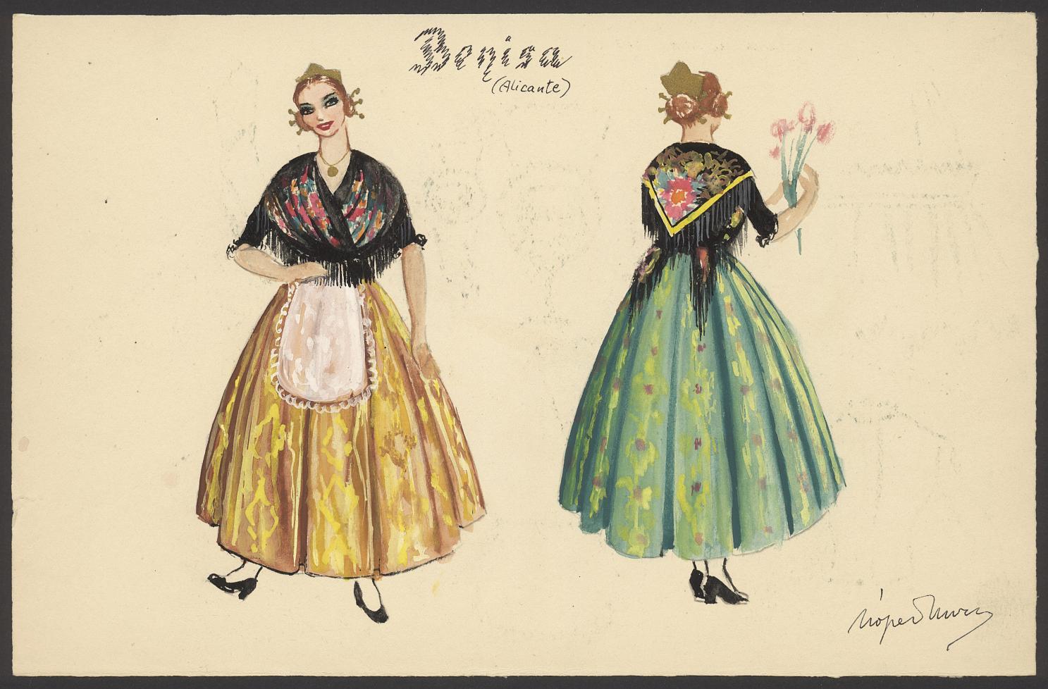 Dibujo a color del traje típico de mujer de Benisa.