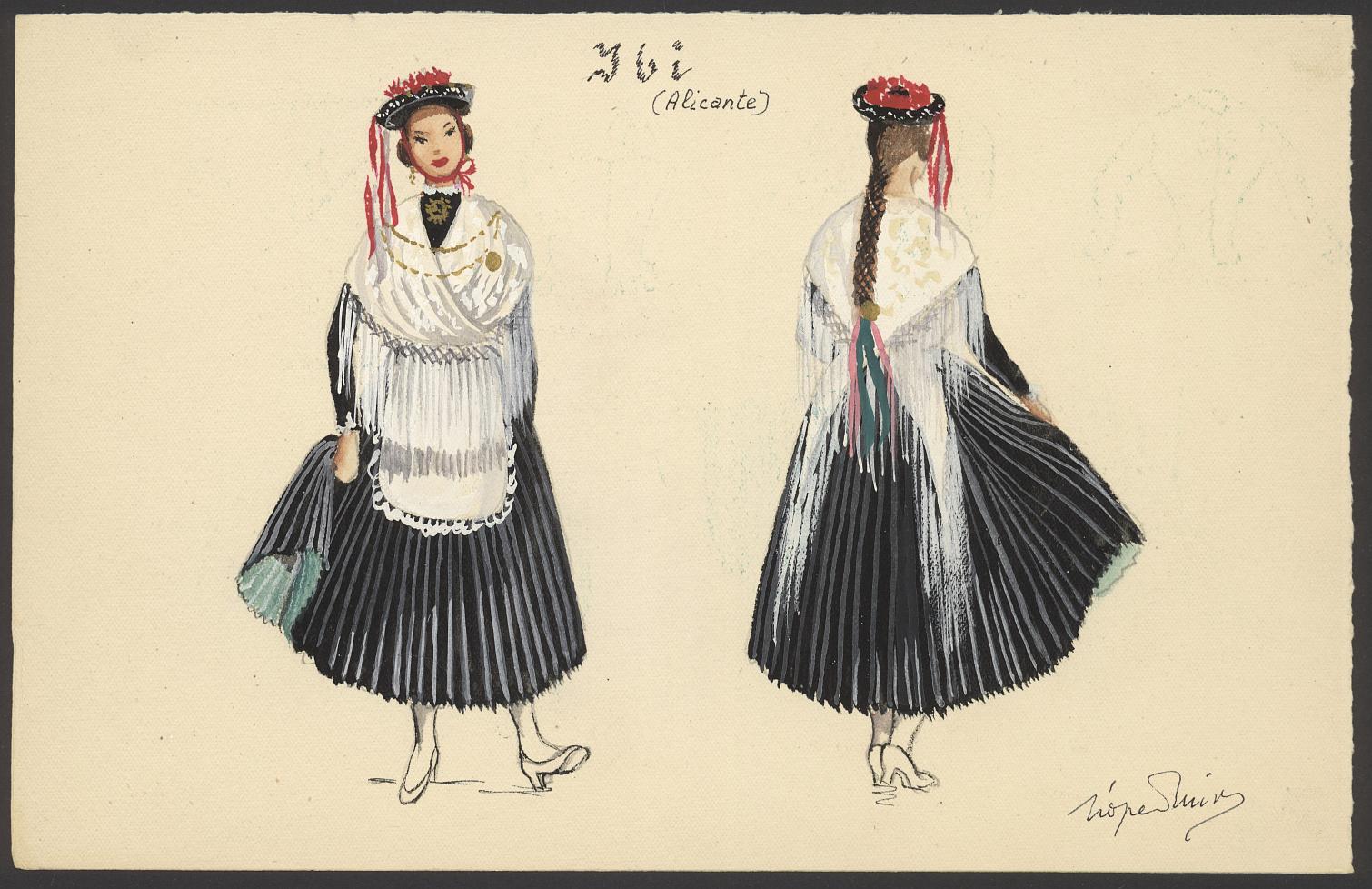 Dibujos a color de los trajes típicos de mujer y de hombre de Ibi.