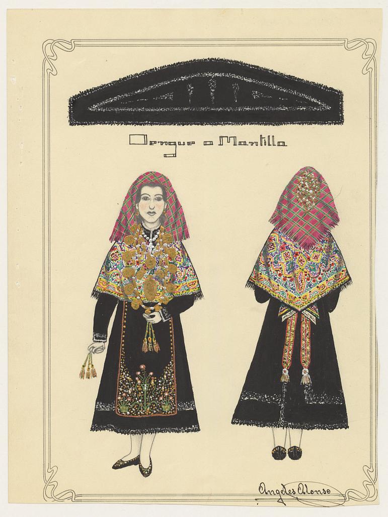 Dibujo de traje regional femenino leonés.