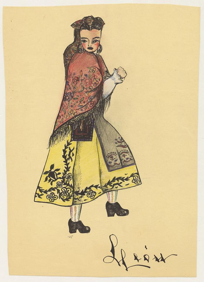 Dibujo de un traje regional femenino de León.