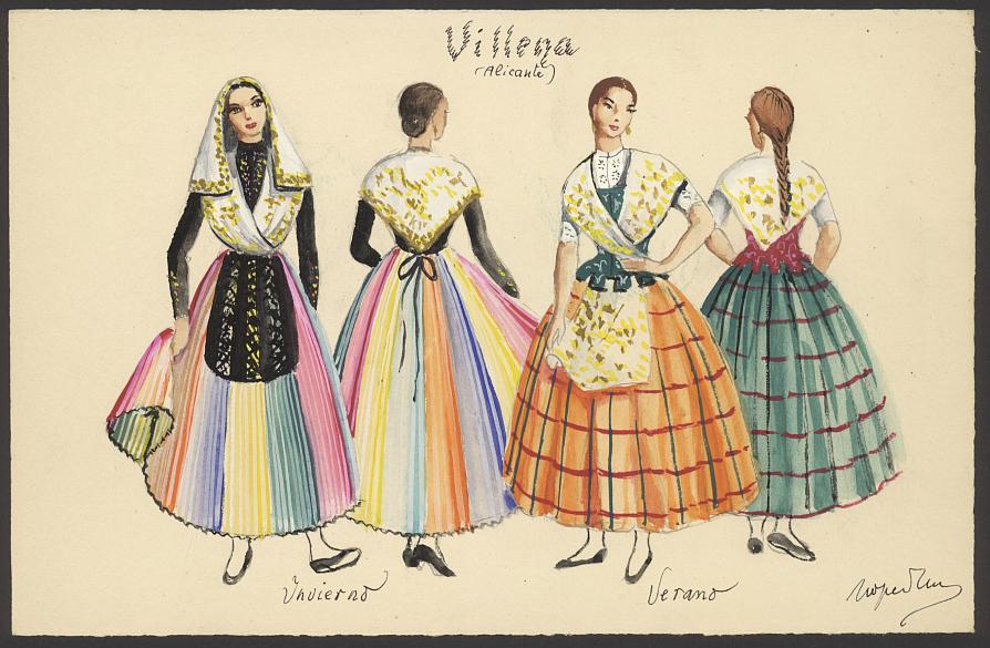 Dibujo a color de los trajes típicos de mujer de invierno y de verano de Villena.