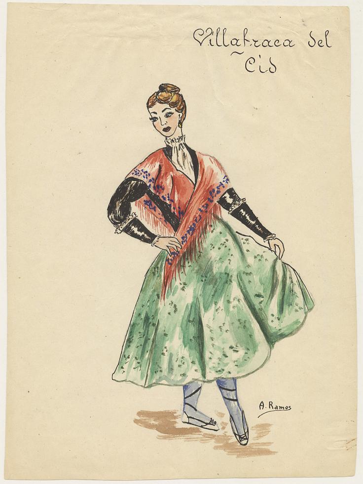 Dibujos a color de los trajes típicos de hombre y mujer de Villafranca del Cid.